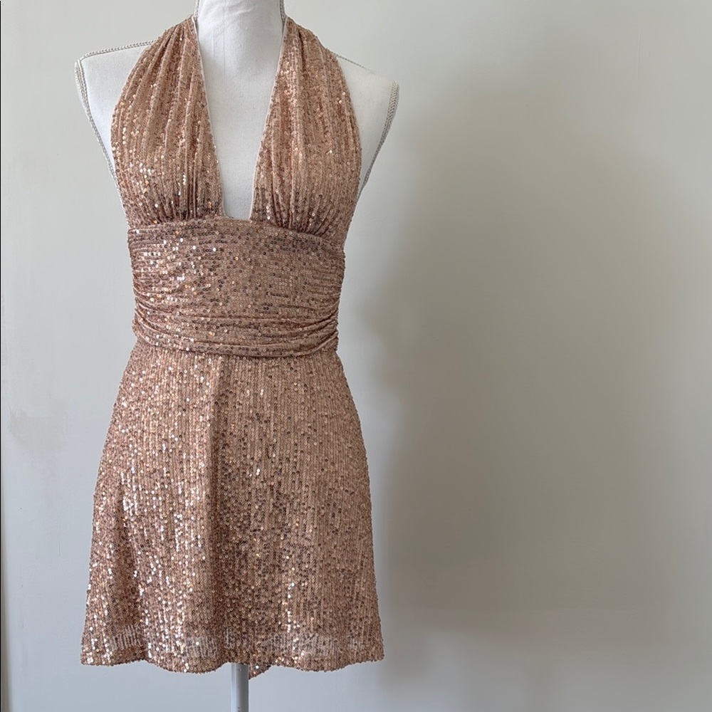 Gold Sequin Ruched Halter Sundress